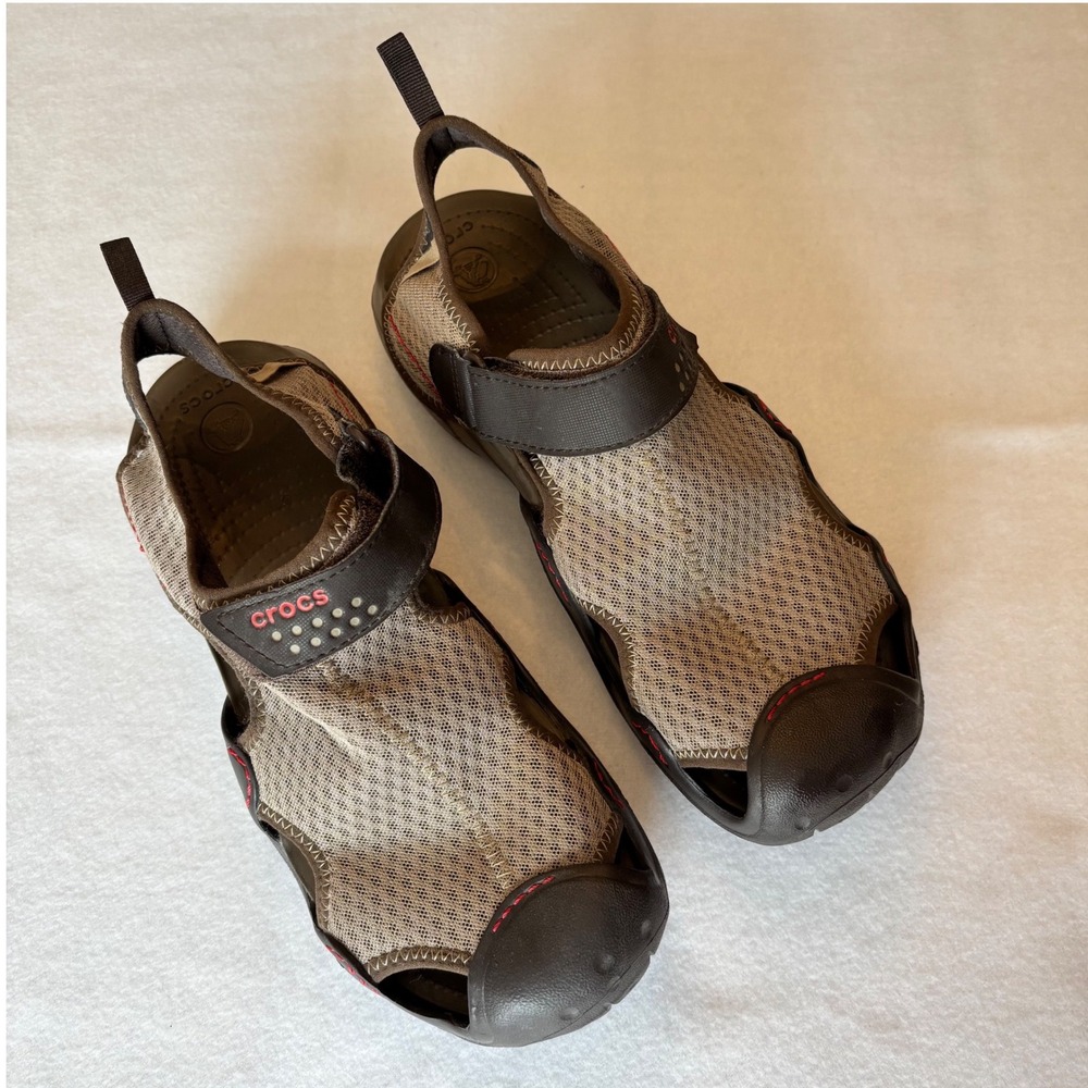 Crocs Swiftwater Men 10 Brown Mesh Water Sandals Hiking Shoes